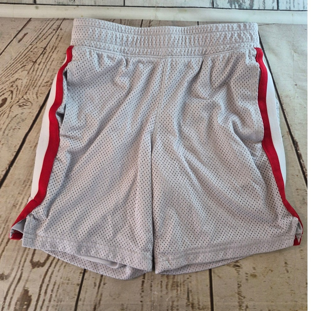 All In Motion Boys Mesh Athletic Shorts Gray Red White Stripe Size M 8/10